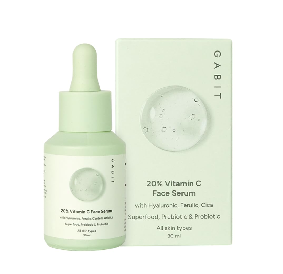 Gabit 20% Vitamin C Face Serum for Glowing Skin | Brightening Serum for Dark Spots, Dull Skin, Tanned Skin | Improves Wrinkles | Hyaluronic, Ferulic, CiCa, Prebiotic, Probiotic | Oil & PEG free |30 ml