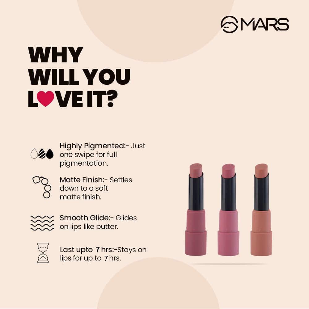 MARS Matte Box Set of 3 Lipsticks for Women | Long-Lasting | Smooth Finish | Moisturising | One Swipe Pigmentation | (3x3.2 gm) (02-Peaches & Nudes)