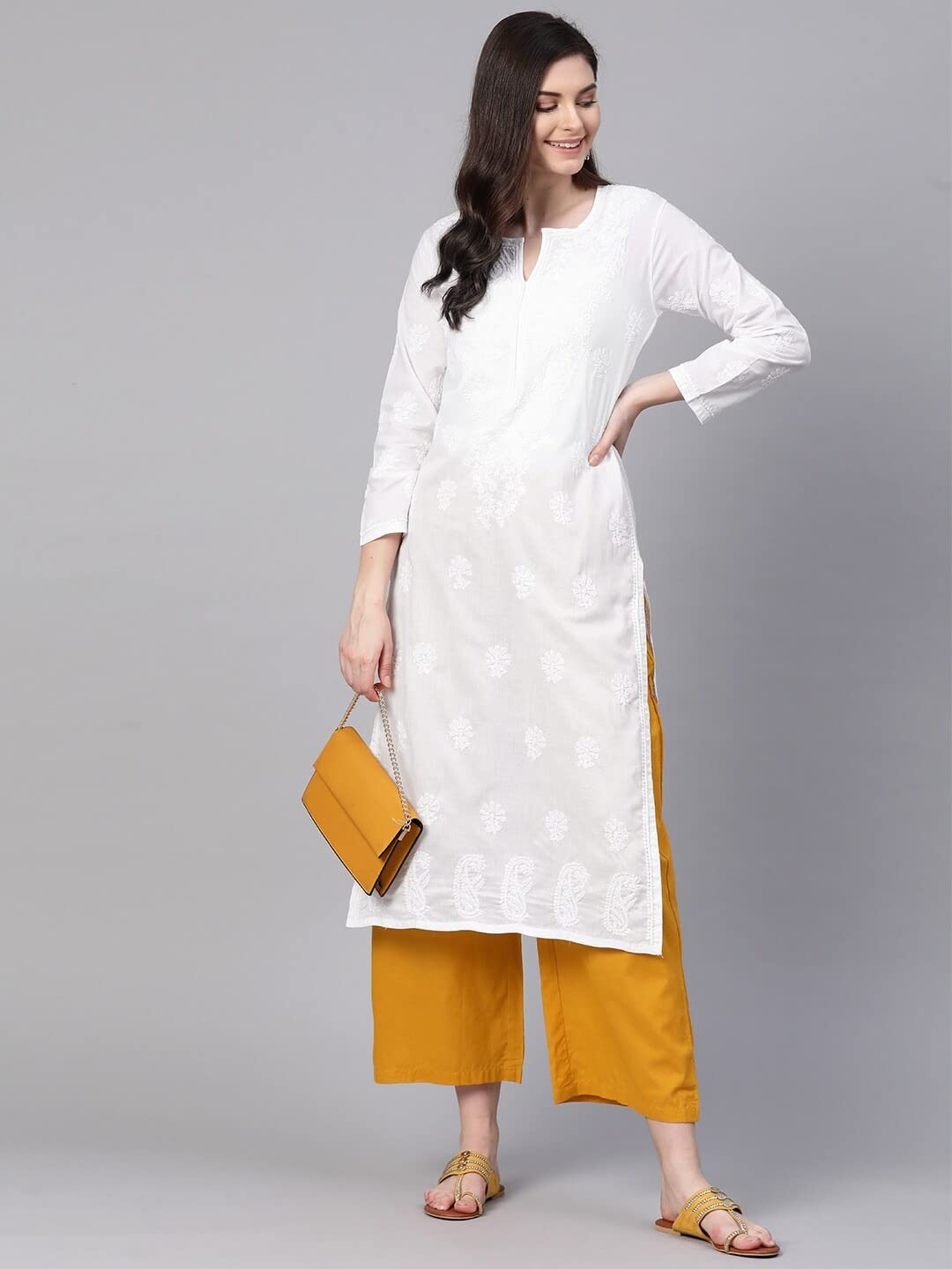 Ada Women's  Hand Embroidered Latest Chikankari Straight Cotton Kurti Kurta