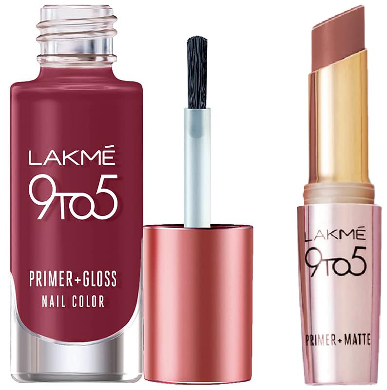 LAKMÉ 9To5 Primer + Gloss Nail Colour & Lakme 9To5 Primer + Matte Lip Color Coffee Command 3.6 G