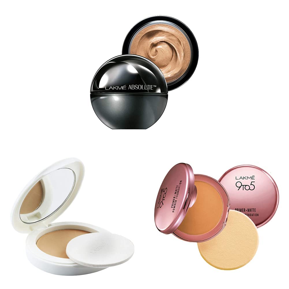 Lakmé Absolute Skin Natural Mousse for Acne Prone Skin Golden Medium 03 Spf825G&Lakmé Perfect Radiance Skin Lightening Compact Powde&Lakmé 9 To 5 Primer + Matte Powder Foundation Compactc