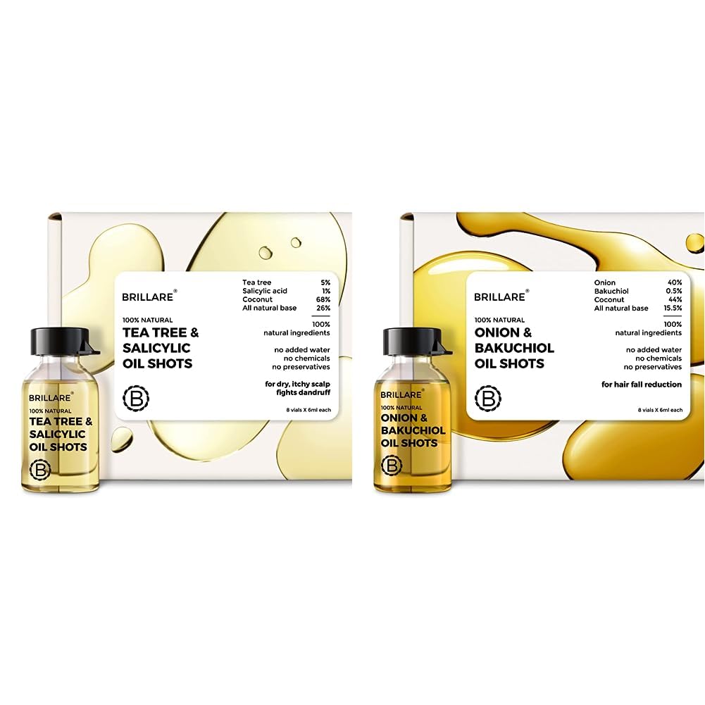 Brillare Tea Tree Hair Oil, Salicylic Acid & Coconut Hair Oil Shots & Brillare Onion Hair Oil Shots with Bakuchiol & Coconut Hair Oil | for Hair Fall Control | 100% Natural Hair Oil Combo