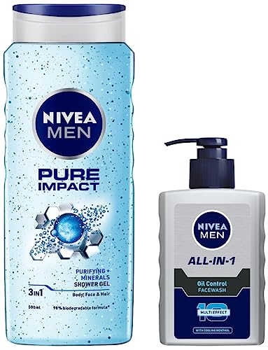 Nivea Men Face Wash, Oil Control, 10x Vitamin C, 150ml & Men Pure Impact Shower Gel, 500ml, Hair, Face & Body Wash
