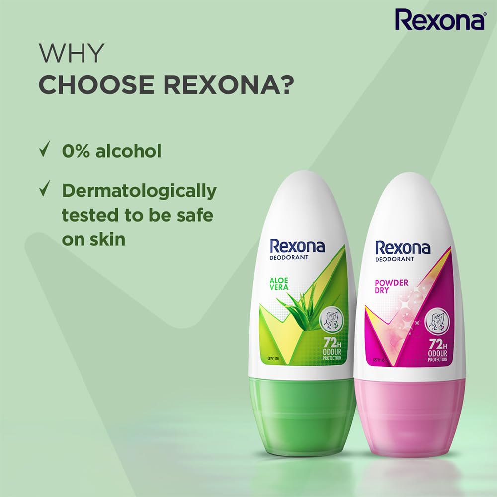 Rexona Aloe Vera Underarm Roll On Deodorant for Women, 50ml and Powder Dry Underarm Roll On Deodorant for Women, 50ml