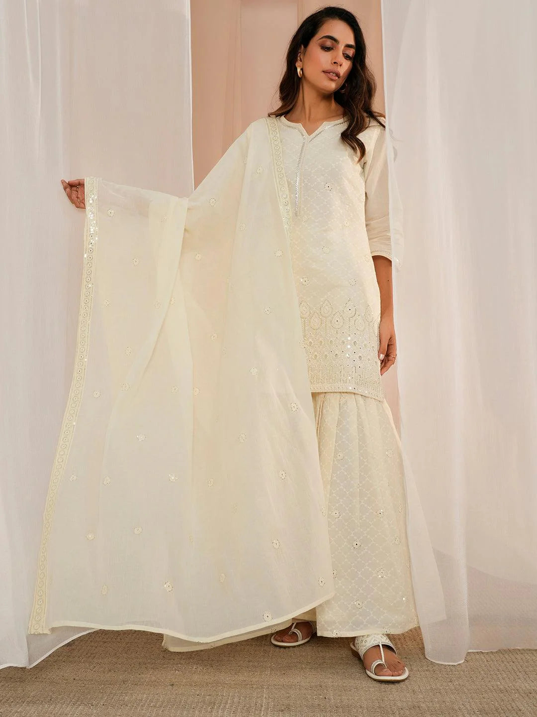 Off White Embroidered Cotton Straight Suit with Dupatta