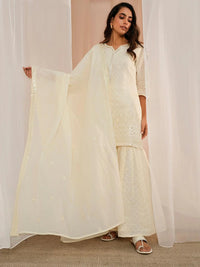 Off White Embroidered Cotton Straight Suit with Dupatta