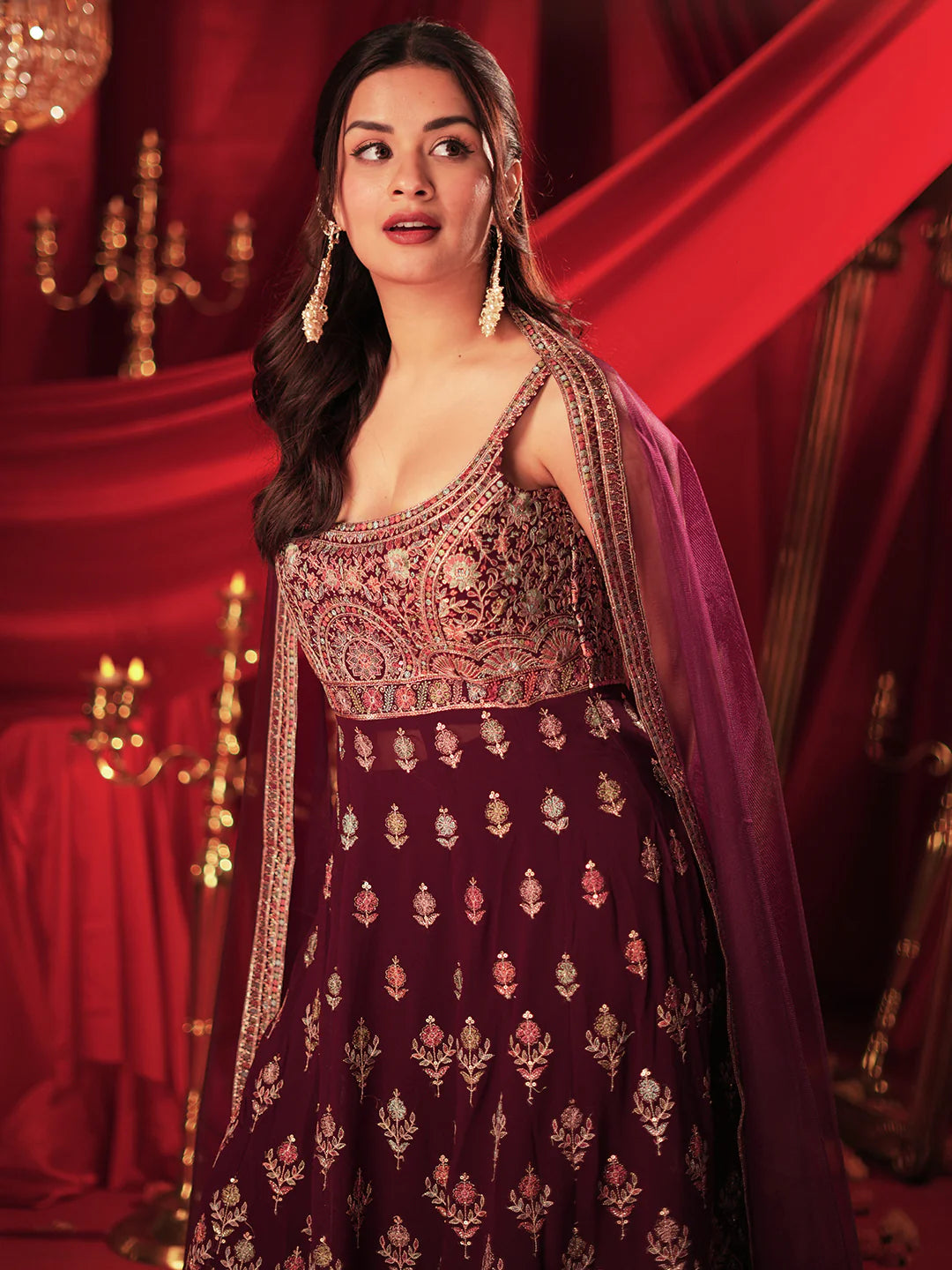 Surkh Libas Art Wine Embroidered Georgette A-Line Kurta with Palazzos & Dupatta