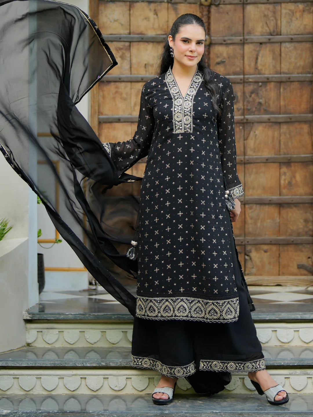 Black Printed Georgette Straight Suit with Dupatta