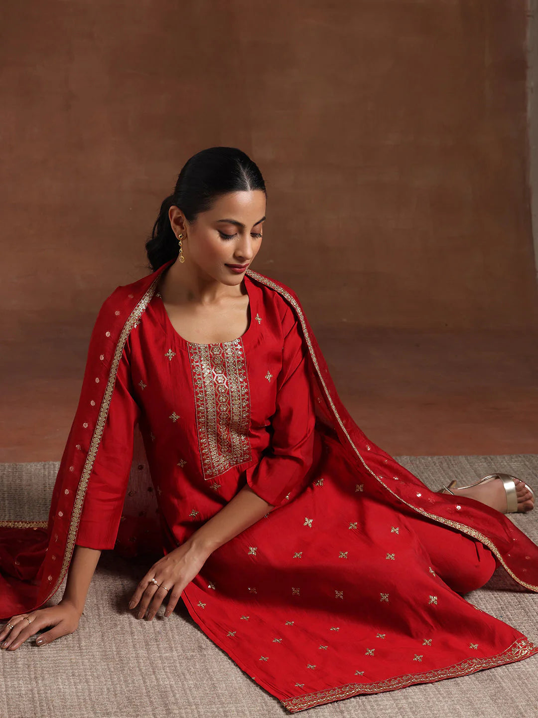 Maroon Self Design Silk Blend Straight Suit with Dupatta