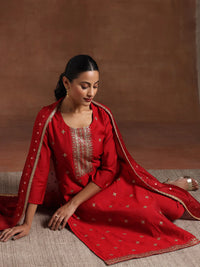 Maroon Self Design Silk Blend Straight Suit with Dupatta