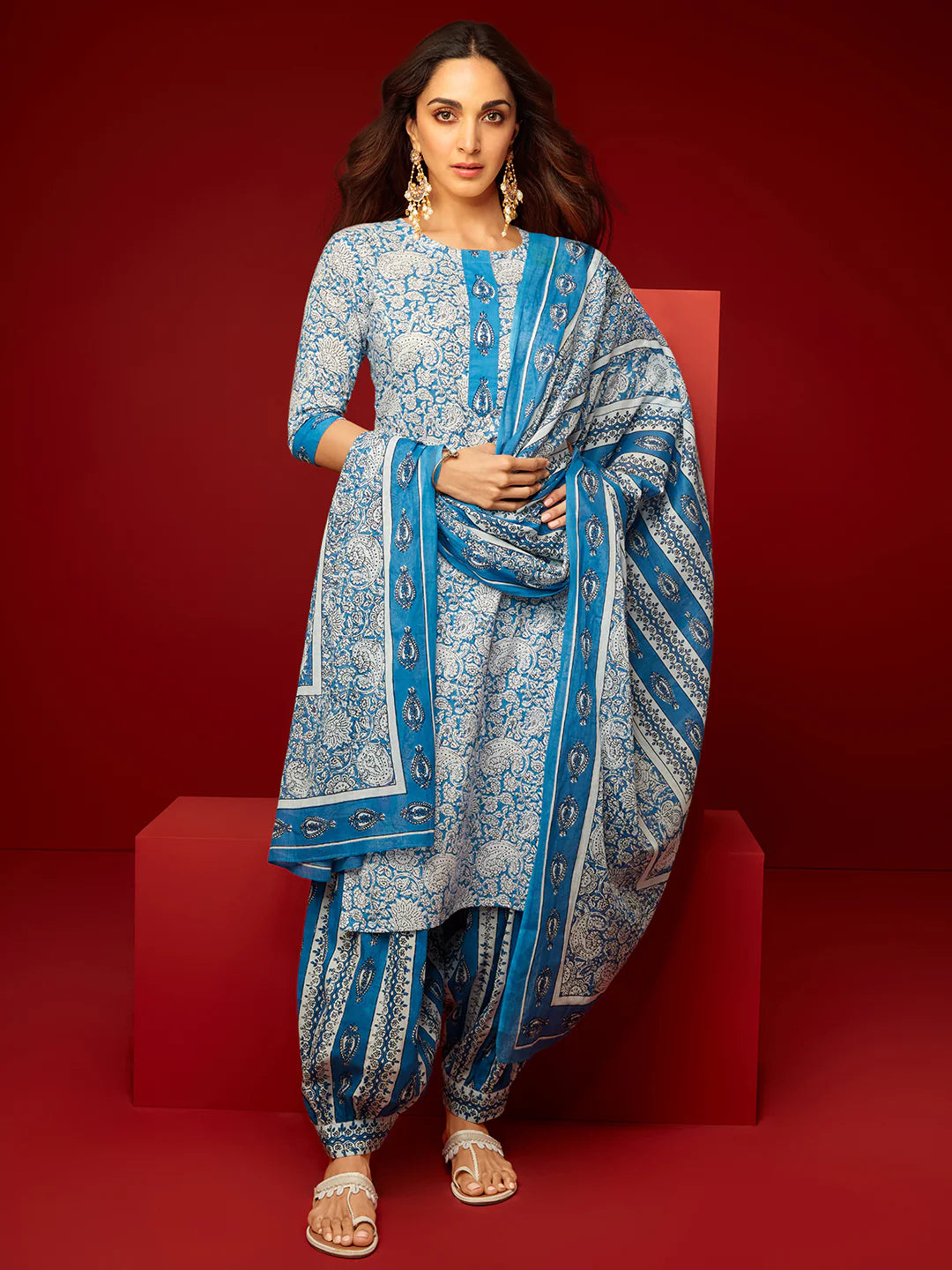 Blue Printed Cotton Straight Suit with Dupatta