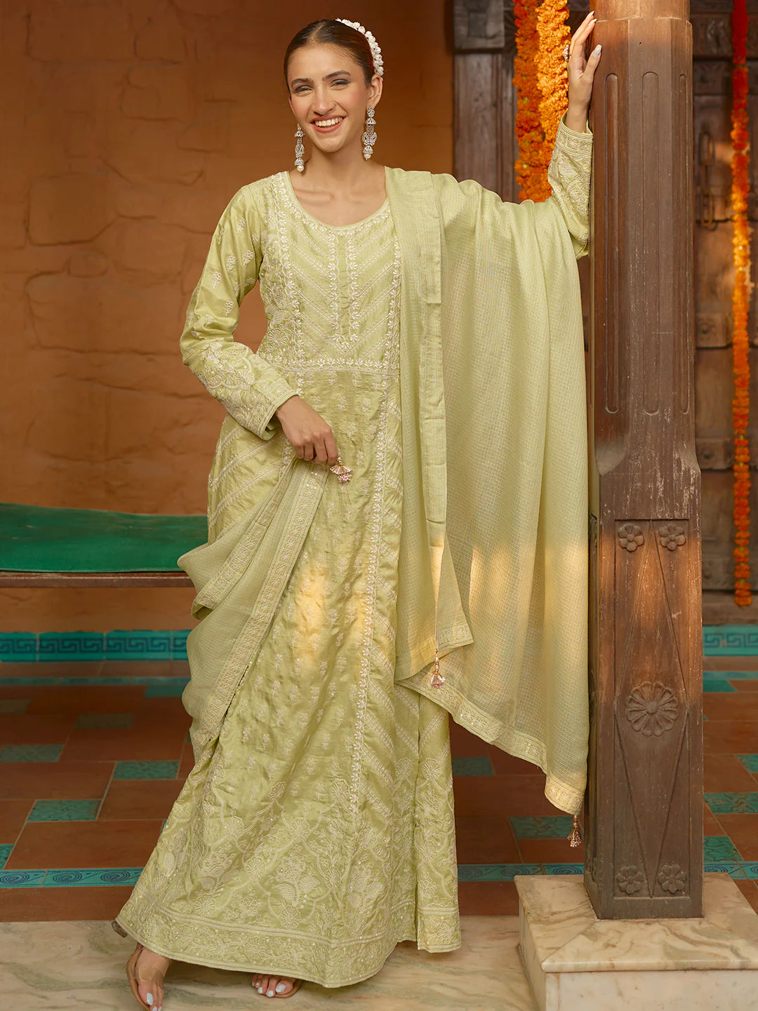 Libas Art Green Embroidered Silk A-Line Kurta with Trousers & Dupatta