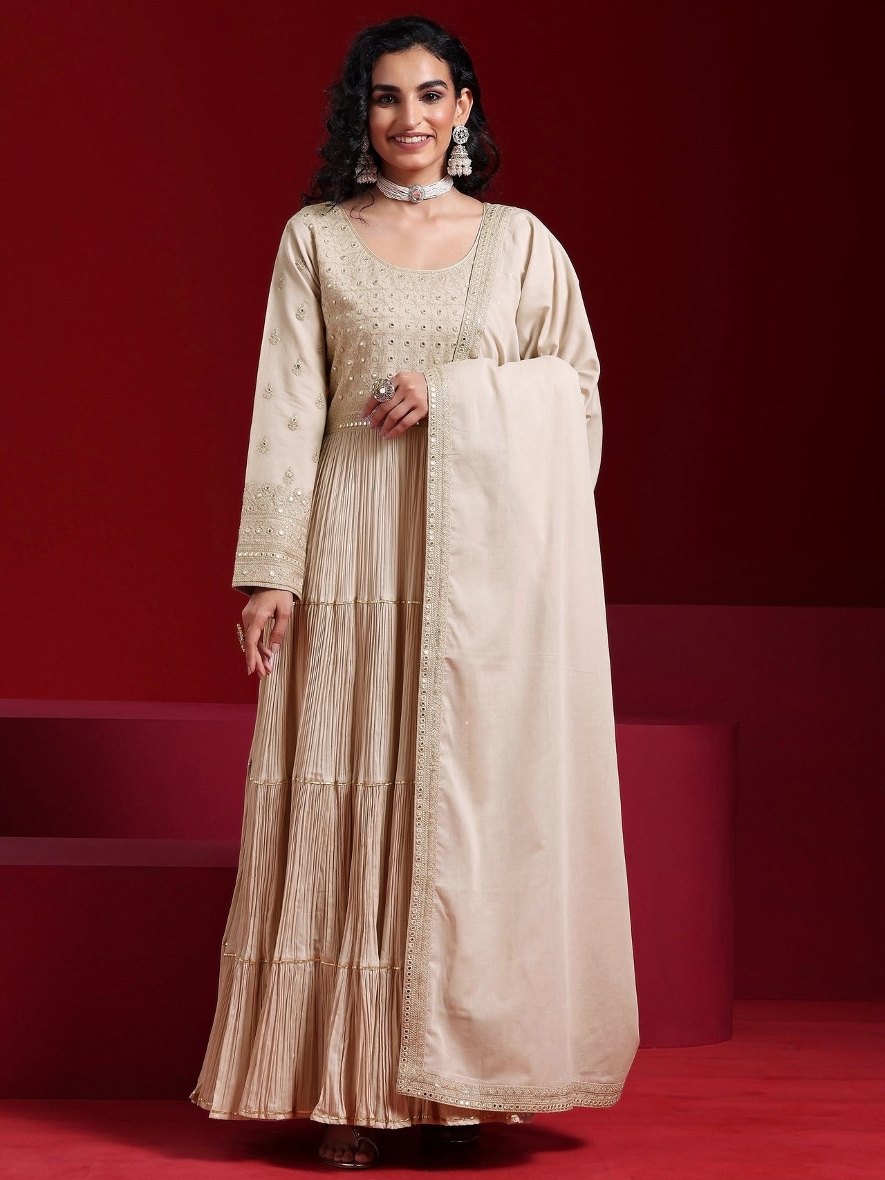 Libas Art Grey Embroidered Cotton Blend A-Line Kurta with Trousers & Dupatta