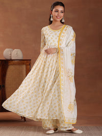 Off White Printed Poly Chiffon A-Line Kurta with Trousers & Dupatta