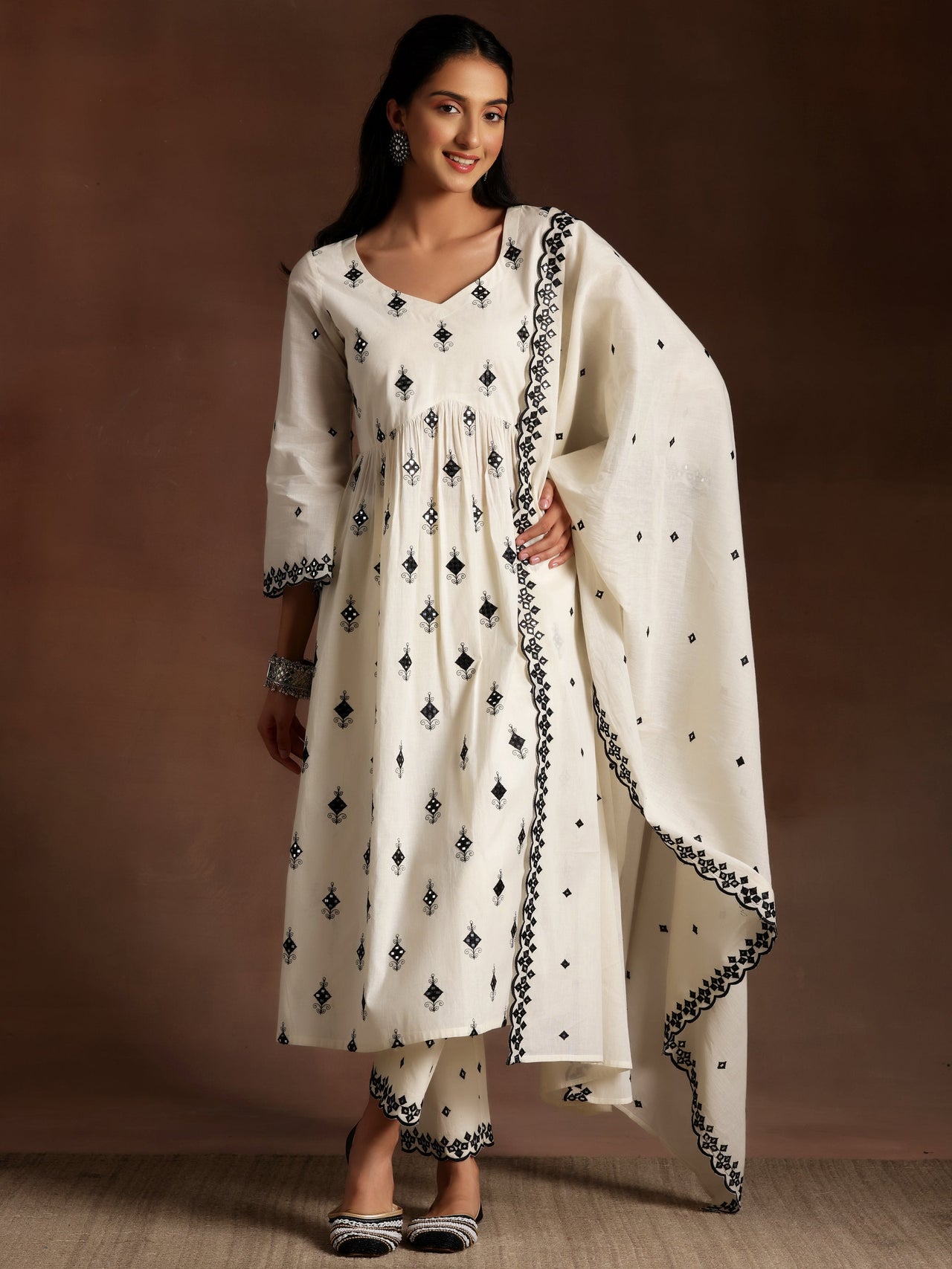 Off White Embroidered Cotton Anarkali Suit with Dupatta