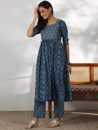 Blue Printed Silk Blend A-Line Kurta with Trousers & Dupatta
