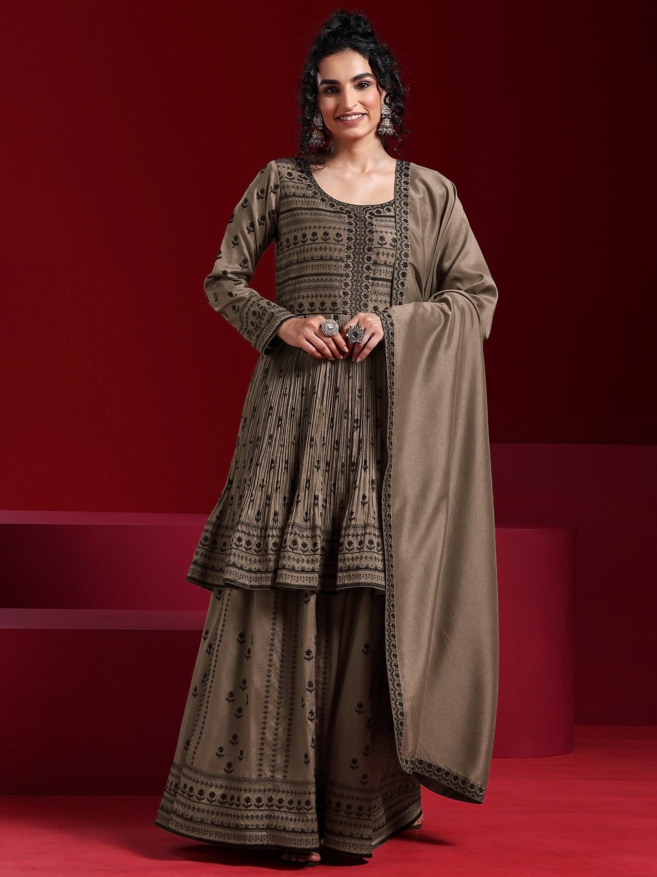 Libas Art Brown Embroidered Silk Blend A-Line Kurta with Sharara & Dupatta