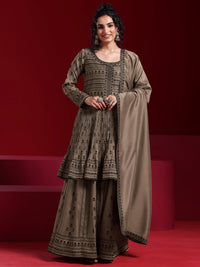 Libas Art Brown Embroidered Silk Blend A-Line Kurta with Sharara & Dupatta