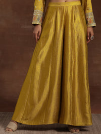 Adaa Mustard Embroidered Silk Blend Straight Kurta with Palazzos & Dupatta