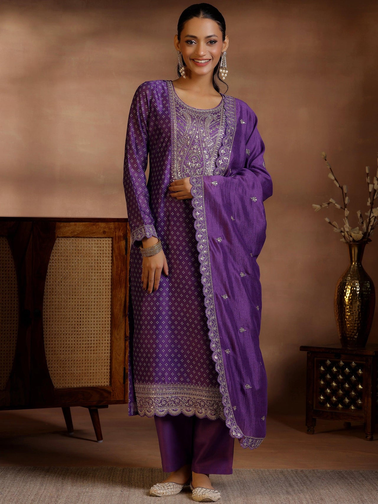 Purple Printed Silk Blend Straight Suit with Dupatta