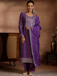 Purple Printed Silk Blend Straight Suit with Dupatta