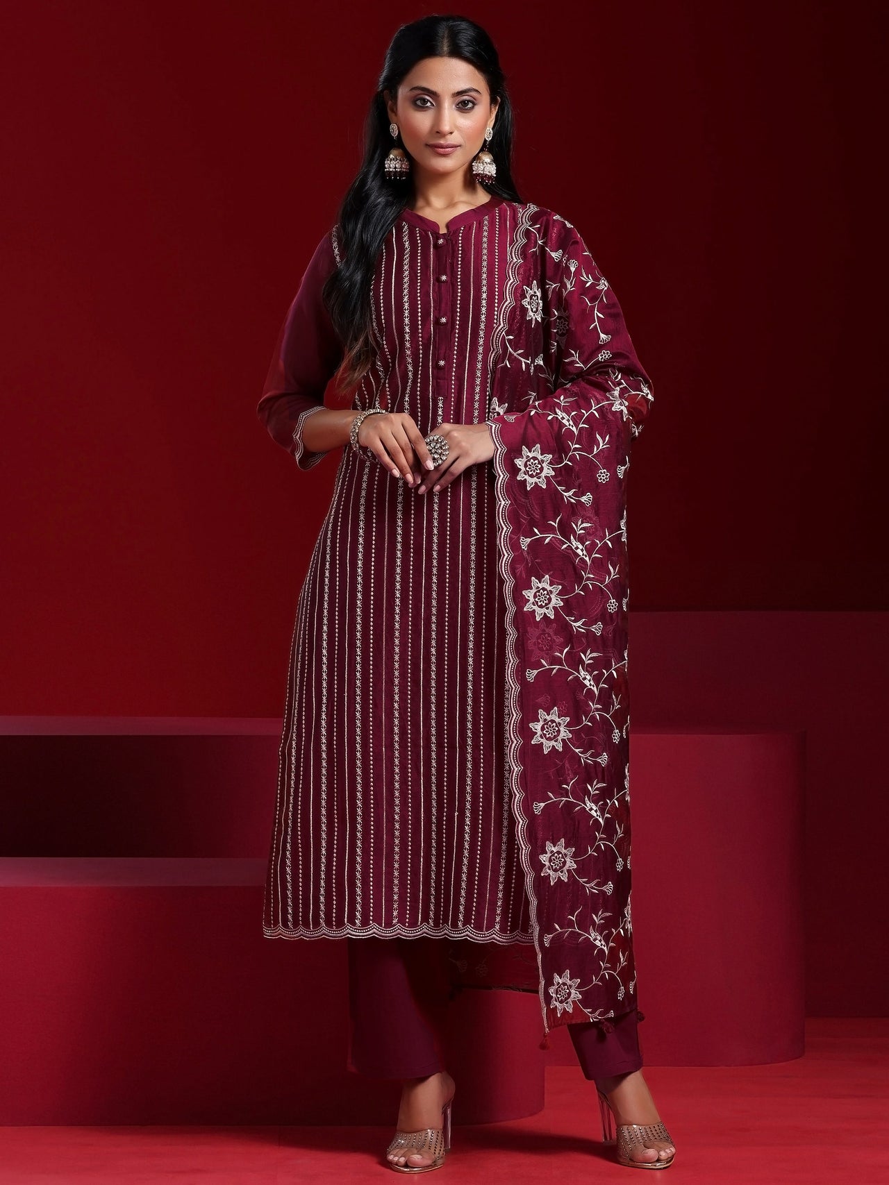 Libas Art Maroon Embroidered Chanderi Silk Straight Suit with Dupatta