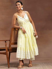 The Kiara Cut Yellow Self Design Cotton Anarkali Kurta with Trousers