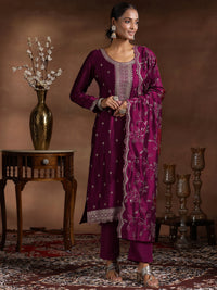 Wine Embroidered Silk Blend Straight Suit with Dupatta