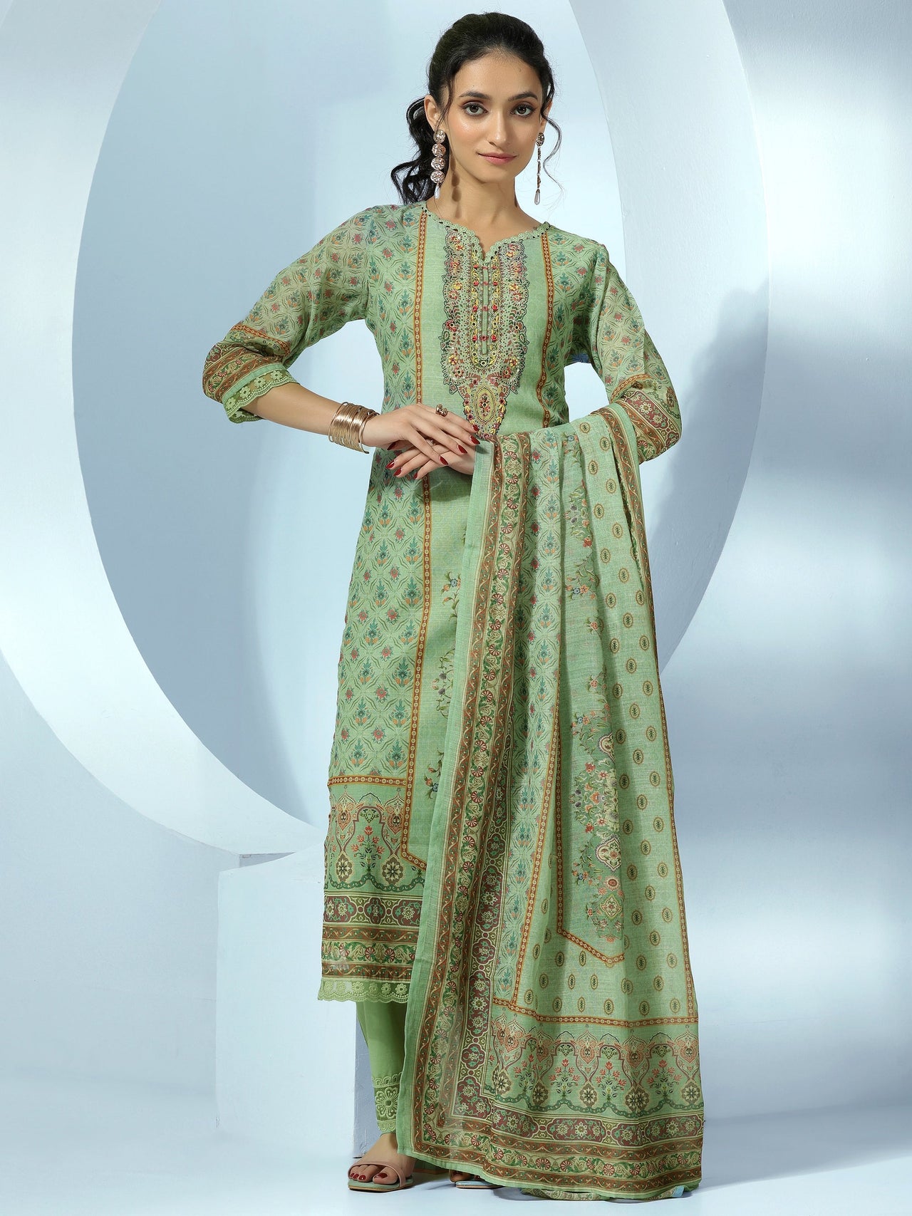 Green Printed Cotton Blend Straight Suit with Dupatta
