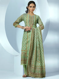 Green Printed Cotton Blend Straight Suit with Dupatta