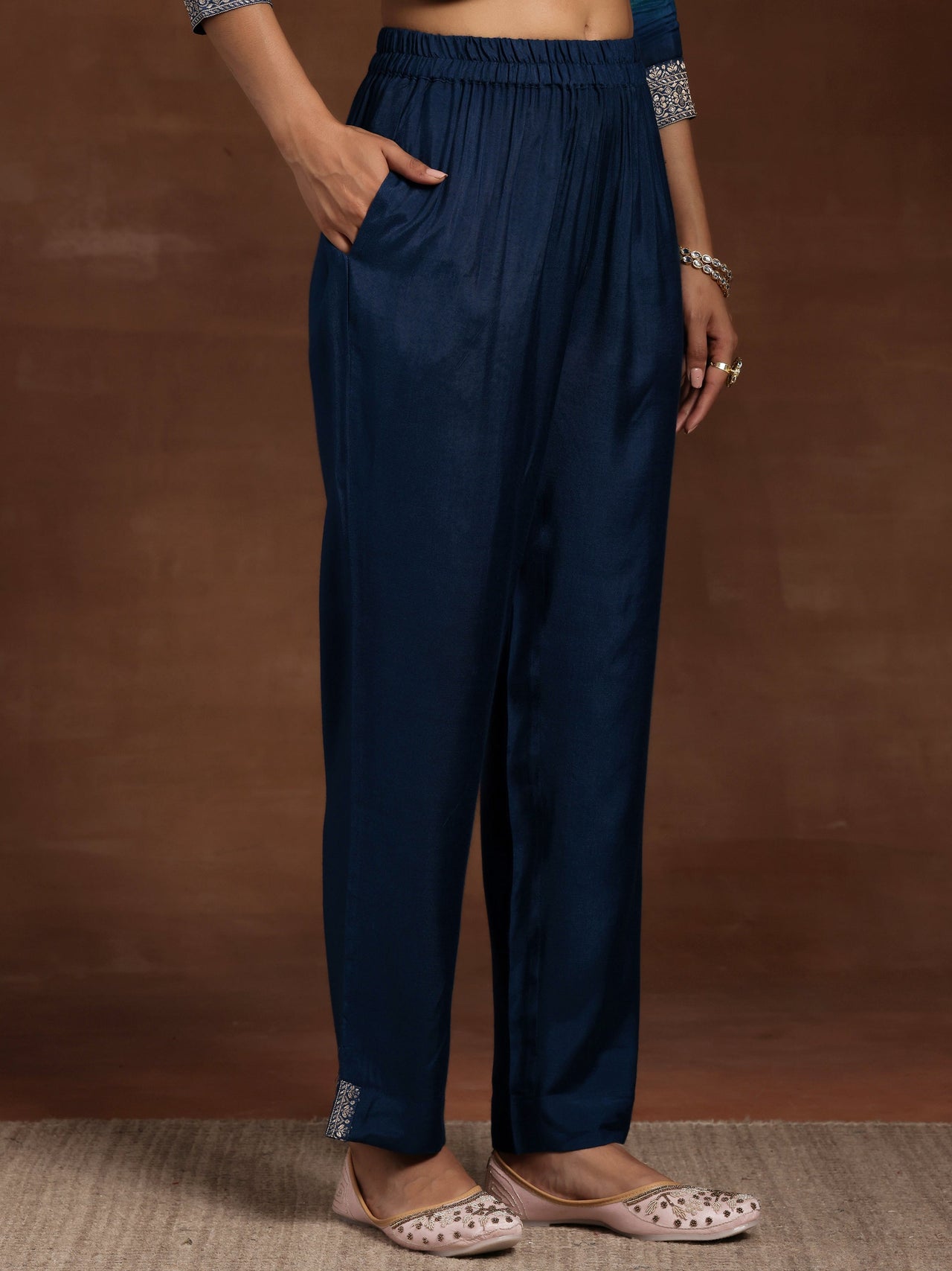 Blue Printed Silk Blend Straight Suit with Dupatta