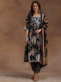 Black Printed Silk Blend A-Line Kurta with Salwar & Dupatta