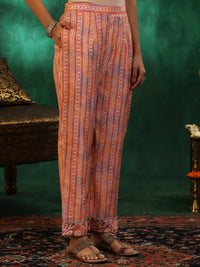 Peach Printed Silk Blend Straight Suit with Dupatta