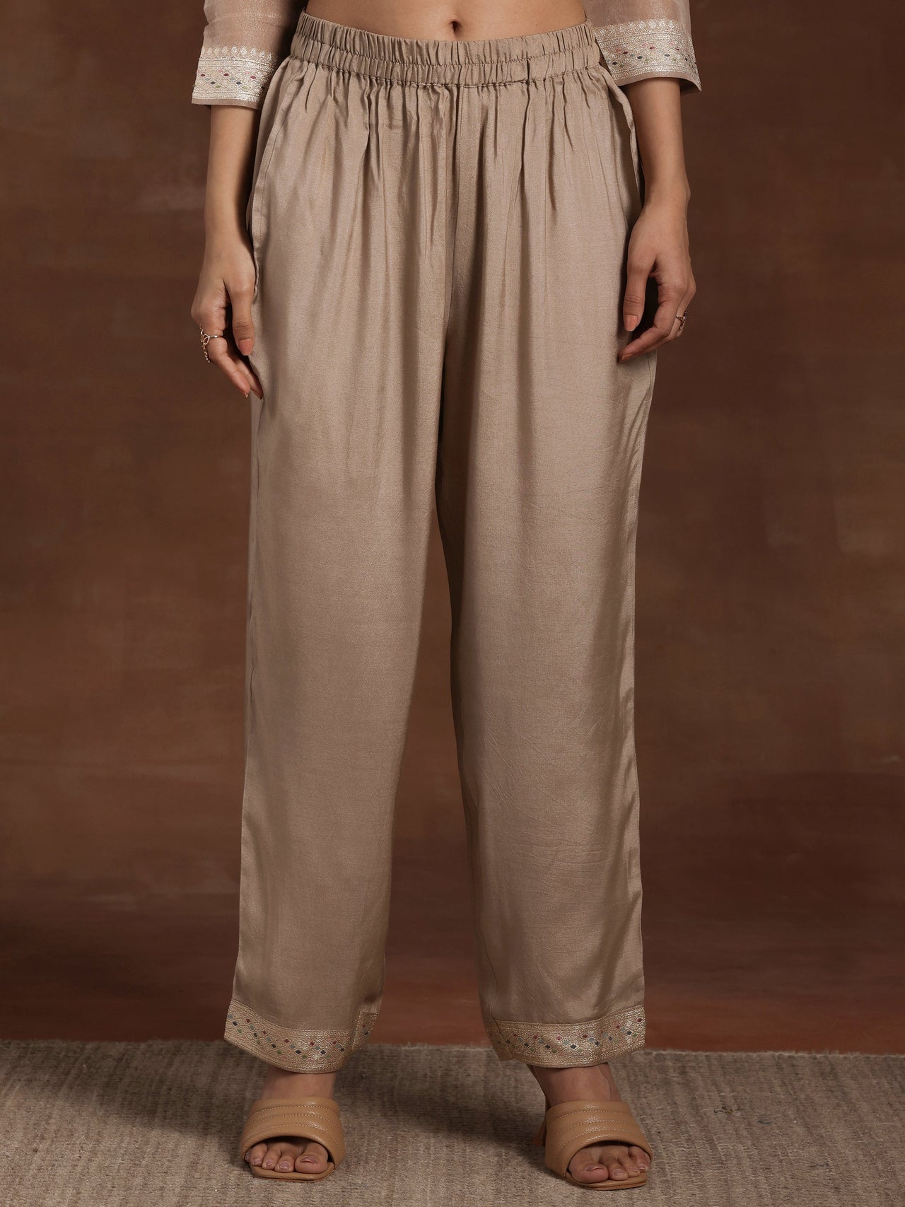 Brown Woven Design Chanderi Silk Straight Suit with Dupatta