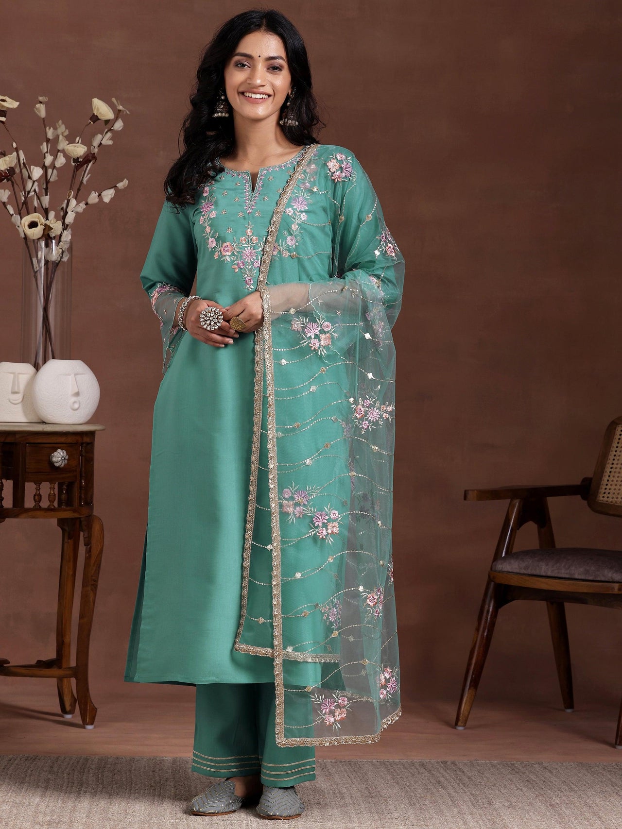 Green Yoke Design Silk Blend Straight Suit with Dupatta