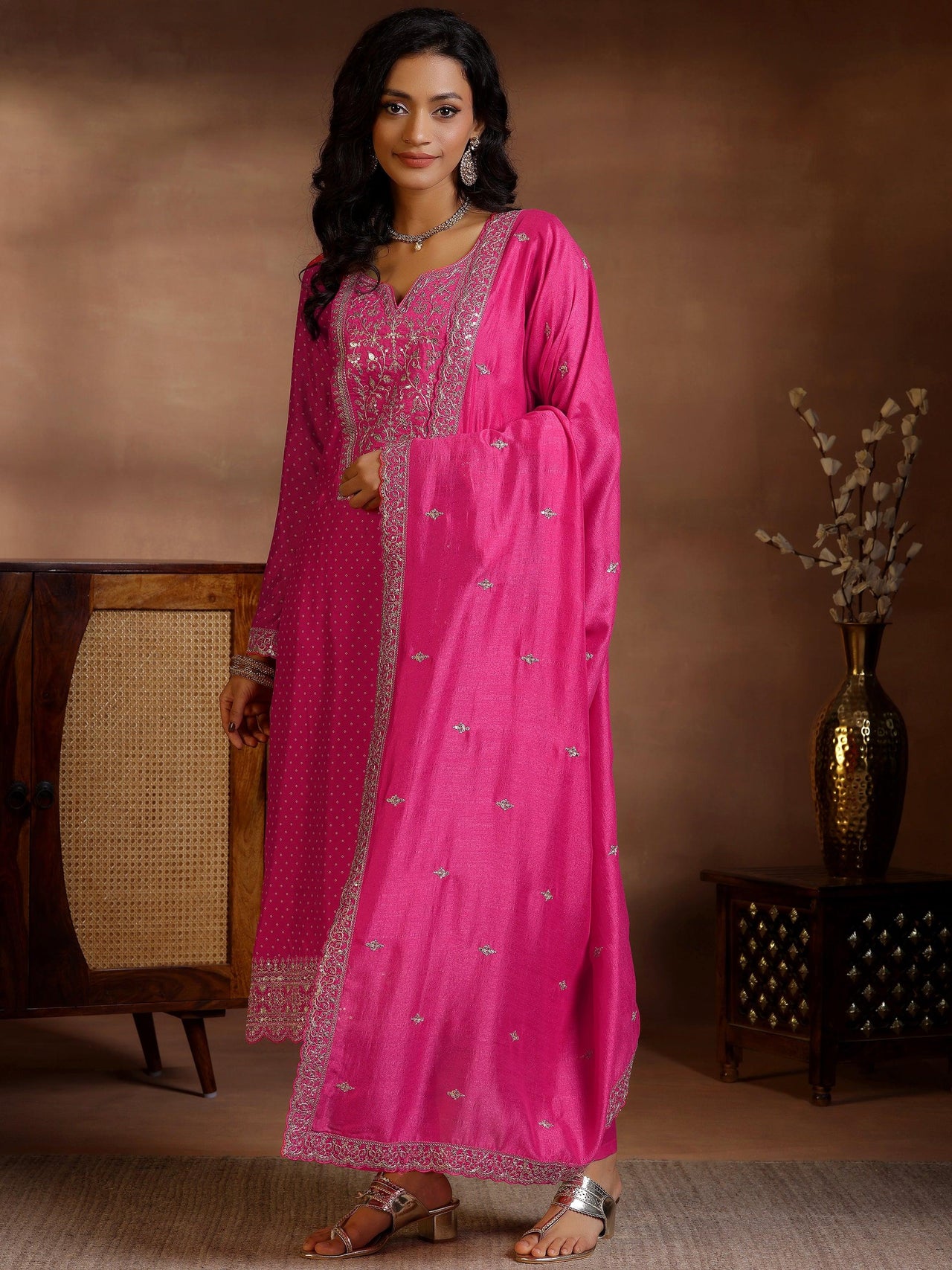 Pink Printed Silk Blend Straight Suit with Dupatta