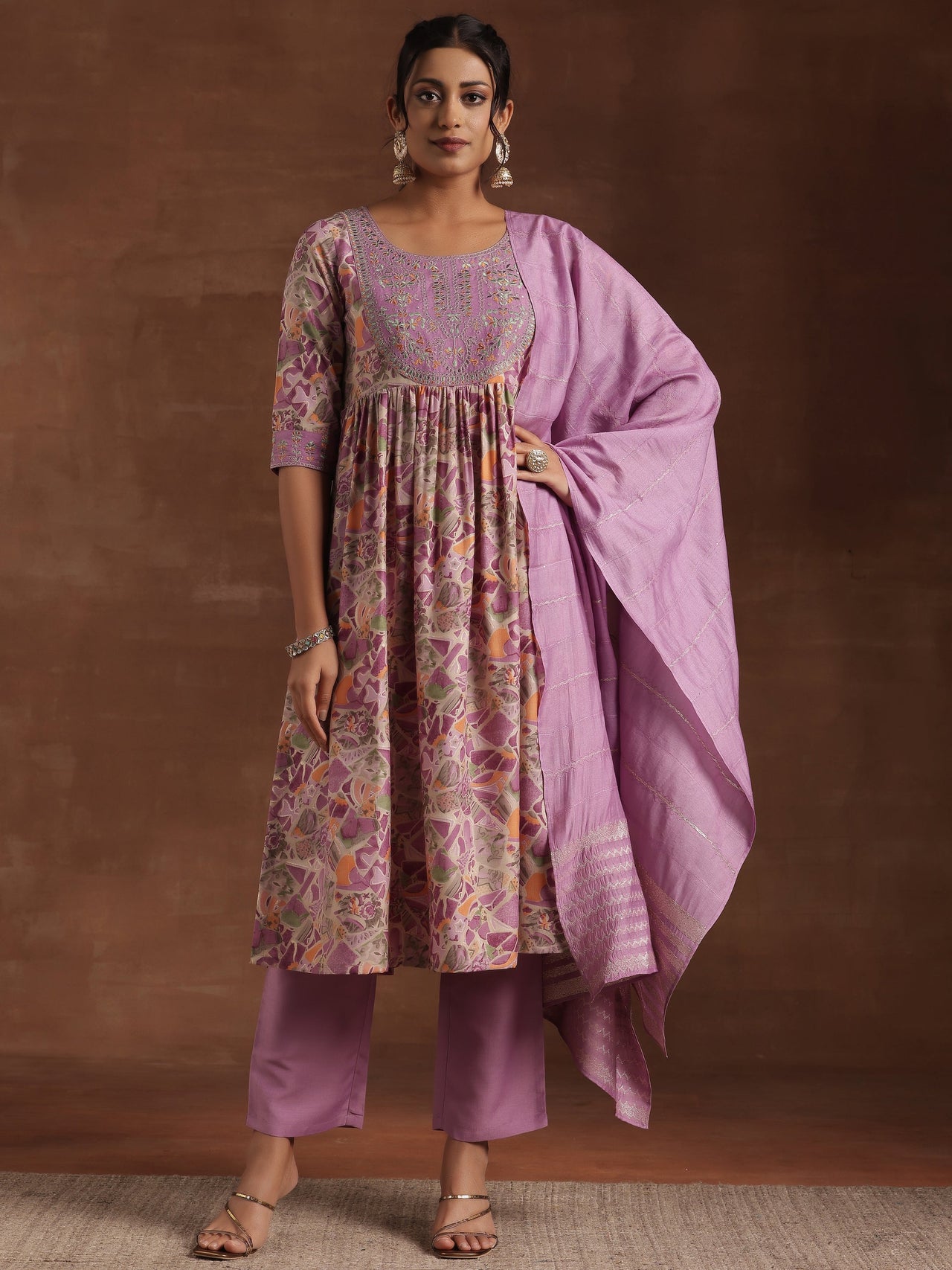 Purple Printed Silk Blend A-Line Kurta with Trousers & Dupatta