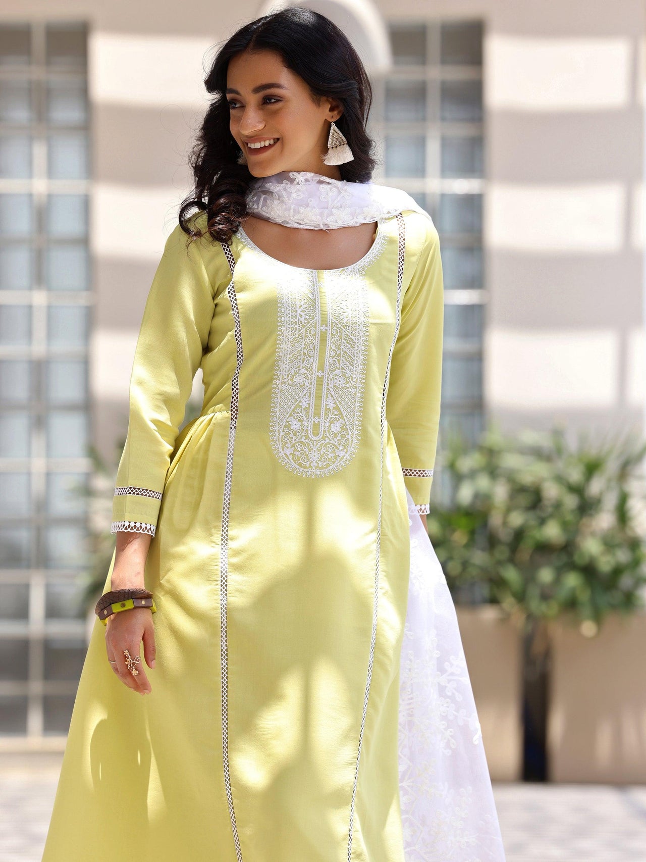 Green Embroidered Silk Blend A-Line Kurta with Trousers & Dupatta