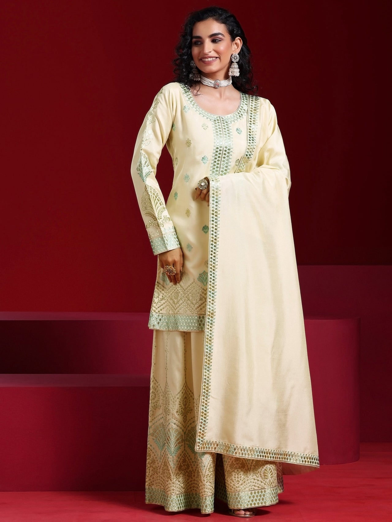 Libas Art Beige Embroidered Silk Blend Straight Suit with Dupatta