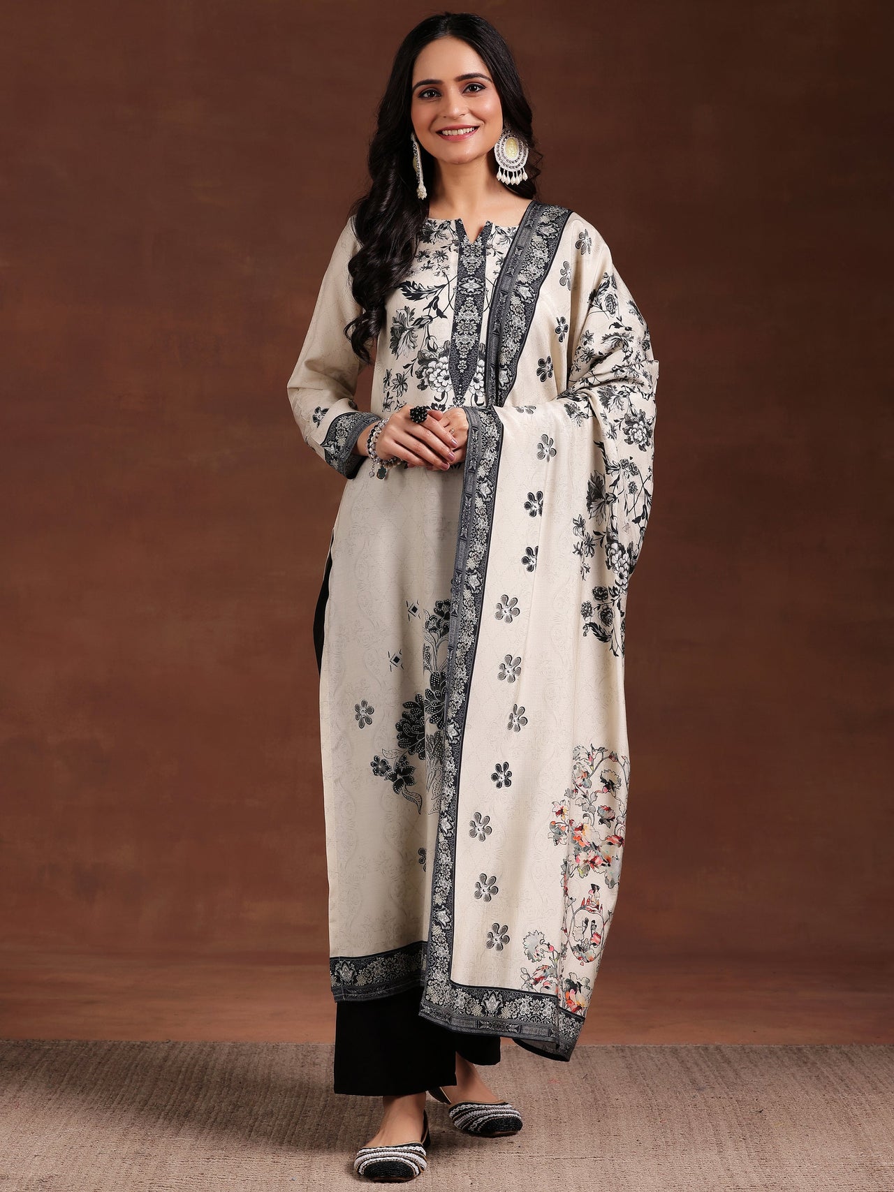 Monochrome Printed Silk Blend Straight Suit with Dupatta