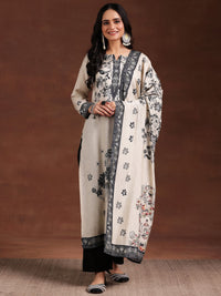 Monochrome Printed Silk Blend Straight Suit with Dupatta