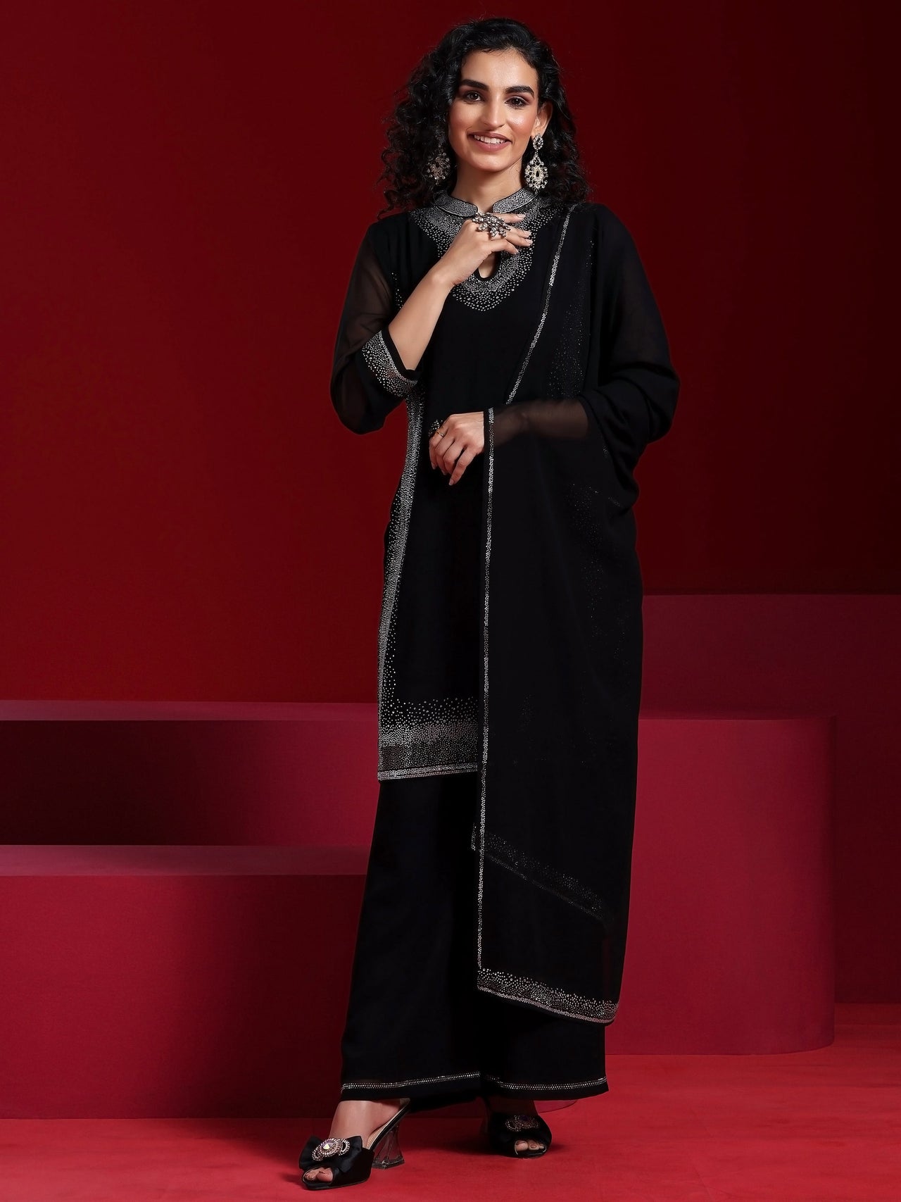 Libas Art Black Yoke Design Georgette Straight Suit with Dupatta