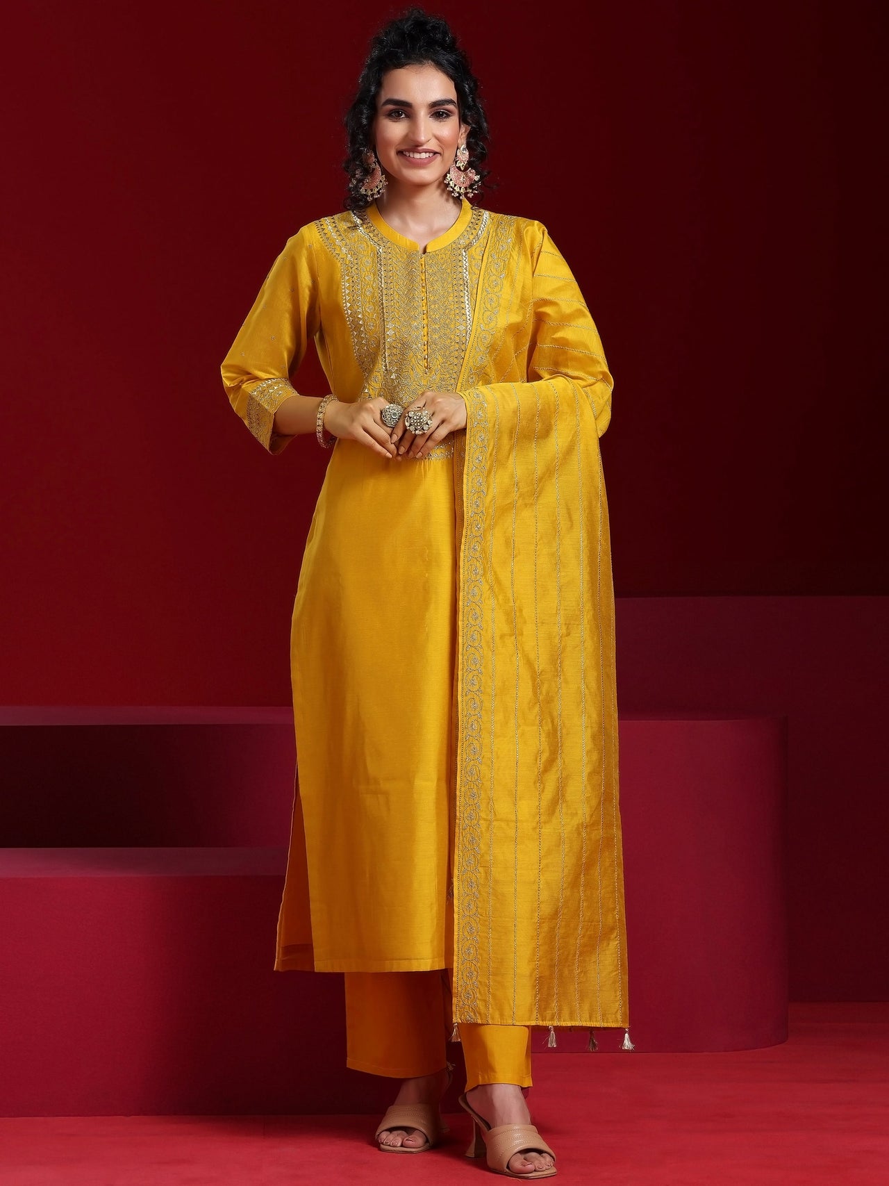 Libas Art Mustard Yoke Design Chanderi Silk Straight Suit with Dupatta