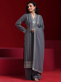Grey Embroidered Georgette Straight Suit with Dupatta