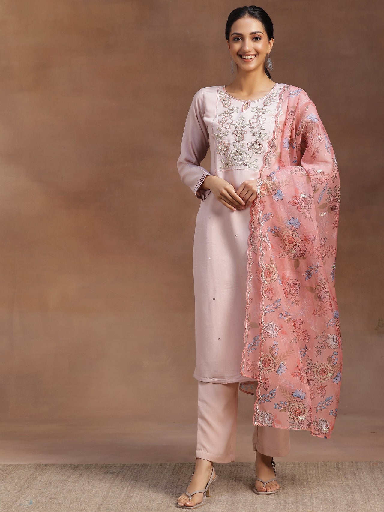 Peach Yoke Design Silk Blend Straight Suit with Dupatta