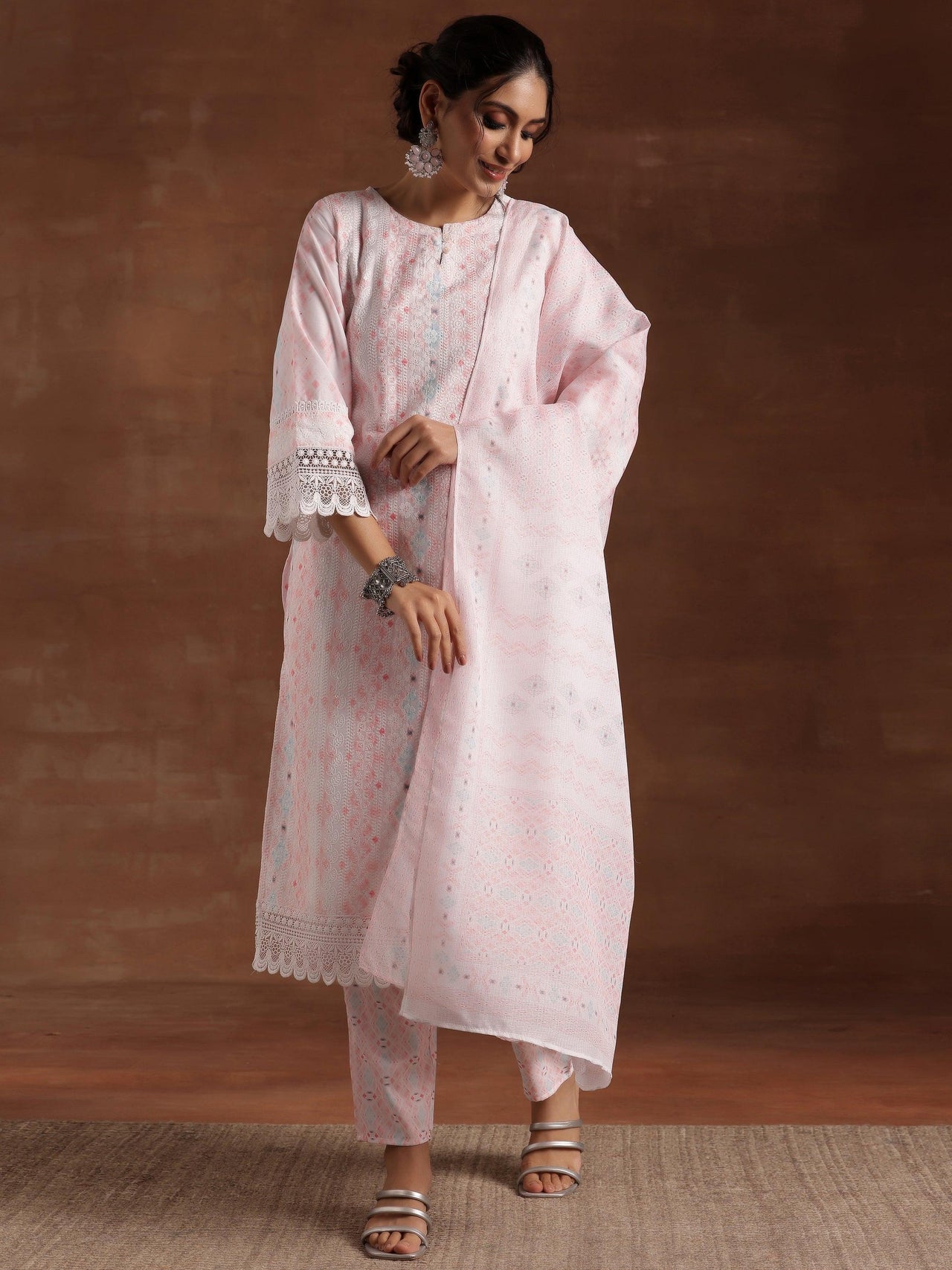 Peach Embroidered Cotton Blend Straight Suit with Dupatta