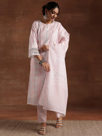 Peach Embroidered Cotton Blend Straight Suit with Dupatta