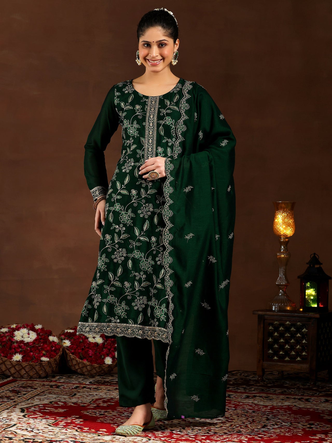 Green Embroidered Silk Blend Straight Suit with Dupatta