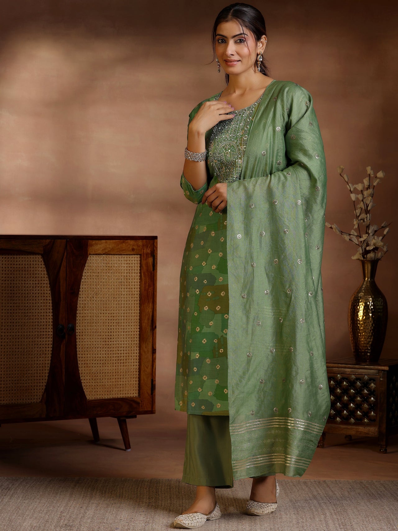 Green Printed Silk Blend Straight Suit with Dupatta
