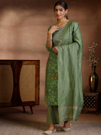 Green Printed Silk Blend Straight Suit with Dupatta